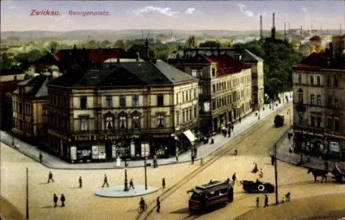 Ak Zwickau in Sachsen,  Georgenplatz, Straßenbahn, Automobil, Ottmar Zieher, Z 5325