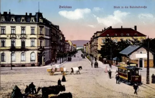 Ak Zwickau in Sachsen,  Bahnhofstraße, KAESTNER, Straßenbahn