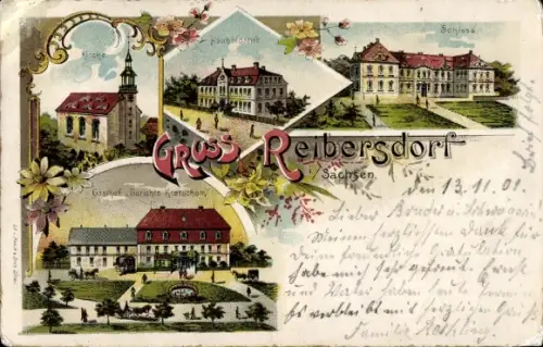 Litho Rybarzowice Reibersdorf in Niederschlesien, Schloss, Kirche, Gasthof