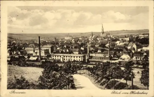 Ak Rosswein Roßwein in Sachsen,  Blick vom Hartenberg, Fabrik mit Schornsteinen, Kirchturm