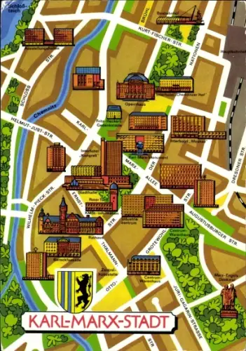 Stadtplan Wappen Ak Karl Marx Stadt Chemnitz, Opernhaus, Interhotel Moskau, Centrum Warenhaus