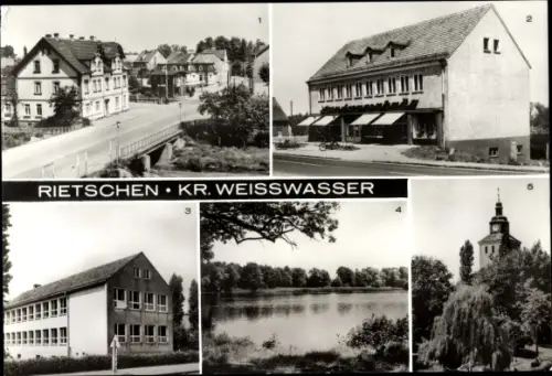 Ak Rietschen i.d. Oberlausitz, Muskauer Straße, Landwarenhaus, Polytechnische Oberschule Robert Koch