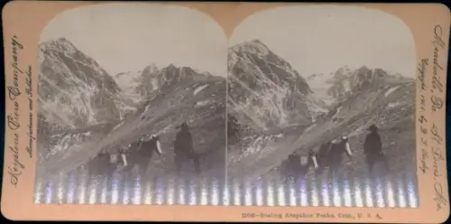 Stereo Foto Colorado USA, Arapahoe Peaks, Mann mit Pferden beim Aufstieg, Keystone View Company