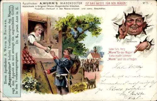 Litho Werbung, Medikament, Apotheker A. Wurm, Magendoktor, Frau, Soldat in Uniform