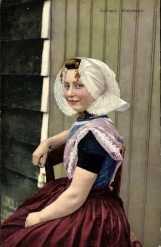 Ak Walcheren Zeeland, Junge Frau in niederländischer Volkstracht