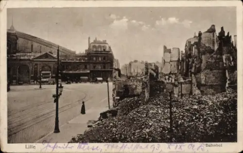 Ak Lille Nord, Bahnhof, Kriegszerstörung I. WK