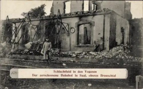 Ak Saales Saal Elsass Bas Rhin, Kriegszerstörung I. WK, zerschossener Bahnhof, Schlachtfeld