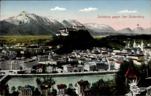 Ak Salzburg in Österreich,  Untersberg, Stadtansicht, Fluss, Berge