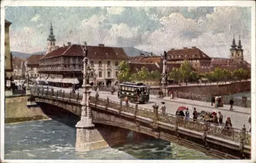 Ak Graz Steiermark, Brücke über Fluss, Straßenbahn, Fußgänger, Personen mit Regenschirmen, Kircht