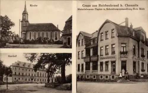 Ak Reichenbrand Chemnitz in Sachsen, Kirche, Gasthof, Materialwarenhandlung Rich. Malz, Reichenbr