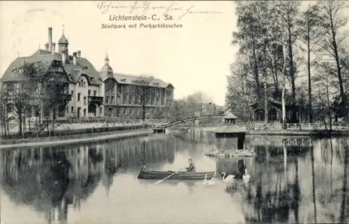 Ak Lichtenstein Callnberg Sachsen, Parkschlösschen im Stadtpark, Ruderboot