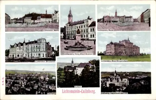 Ak Lichtenstein Callnberg Sachsen, Markt, Bürgerschule, König Albert-Brunnen, Schloss Lichtenstein