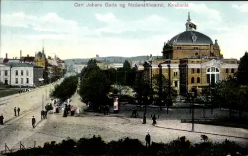 Ak Kristiania Christiania Oslo Norwegen, Carl Johans Gade Und Nationaltheater