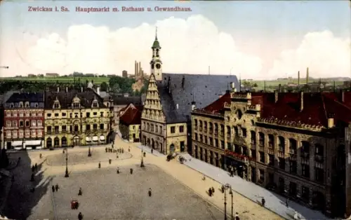 Ak Zwickau in Sachsen, Hauptmarkt, Rathaus, Gewandhaus