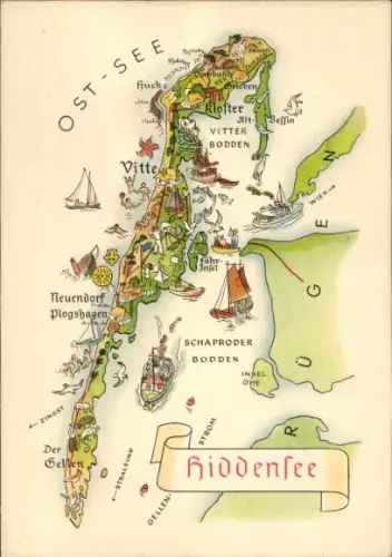 Landkarten Ak Insel Hiddensee Ostsee, Vitte, Neuendorf, Plogshagen, Neuendorf, Bodden, Kloster