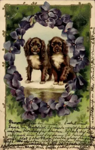 Präge Litho Zwei kleine Hunde, Kranz aus Veilchenblüten