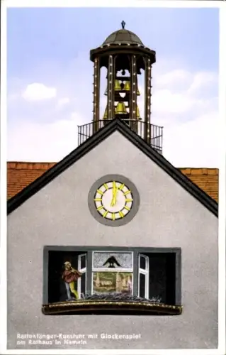 Ak Hameln an der Weser Niedersachsen, Rattenfänger Kunstuhr mit Glockenspiel am Rathaus