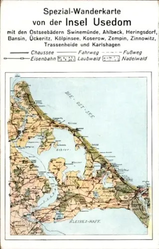 Landkarten Ak Usedom an der Ostsee, Wanderkarte, Swinemünde, Heringsdorf, Bansin, Zempin, Karlshagen