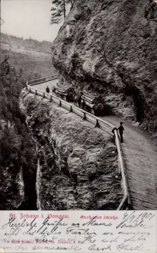 Ak Sankt Johann im Pongau in Salzburg, Großkarler Straße, Baumstämmetransport