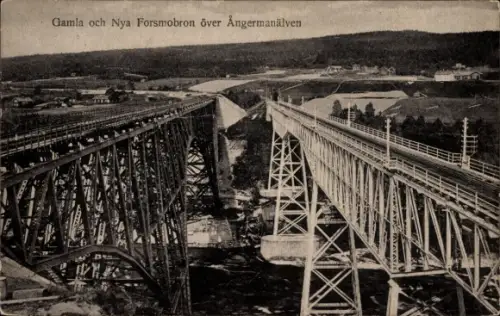 Ak Forsmo Schweden, Forsmobron, Eisenbahnbrücke über Ångermanälven, Gamla Forsmobron, Nya Forsmob