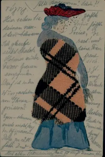 Stoff Ak Frau im Profil, Mantel, Hut