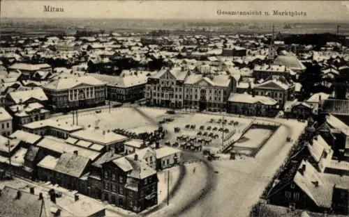 Ak Jelgava Mitau Lettland, Gesamtansicht, Marktplatz, Winter