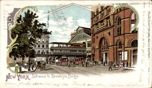 Litho New York City USA, Entrance to Brooklyn Bridge