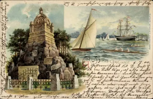 Litho Berlin Grünau, Sport-Denkmal, Segelboot, Ruderboote