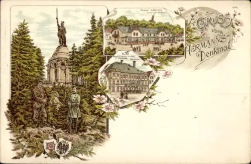 Litho Detmold am Teutoburger Wald, Hermannsdenkmal, Gasthof, Grotenburg