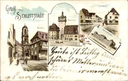 Litho Sélestat Schlettstadt Elsass Bas Rhin, Münster, Neuer Turm, Fischerbach, Kaserne