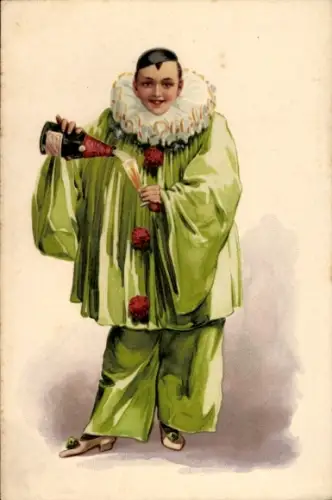 Litho Pierrot in Kostüm mit Sektflasche, Karneval