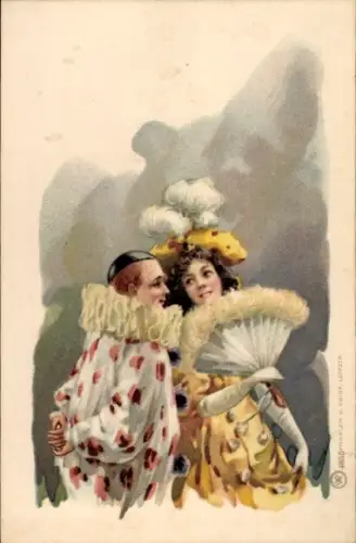 Künstler Ak Pierrot in Kostüm, Dame mit Fächer, Karneval