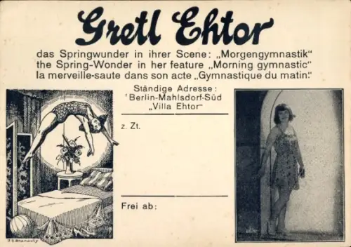 Ak Berlin Marzahn Mahlsdorf, Gretl Ehtor, Springwunder in ihrer Szene, Morgengymnastik
