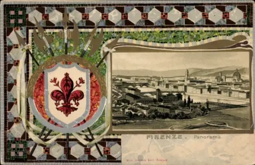 Präge Wappen Passepartout Litho Firenze Florenz Toscana, Gesamtansicht