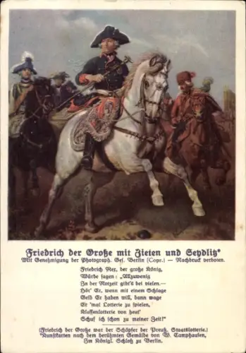 Künstler Ak Friedrich der Große mit Zieten und Seydlitz, Gedicht