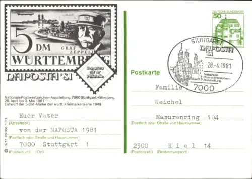 Ganzsachen Ak Stuttgart, Naposta '81, Nationale Postwertzeichen Ausstellung, Graf Zeppelin 1949