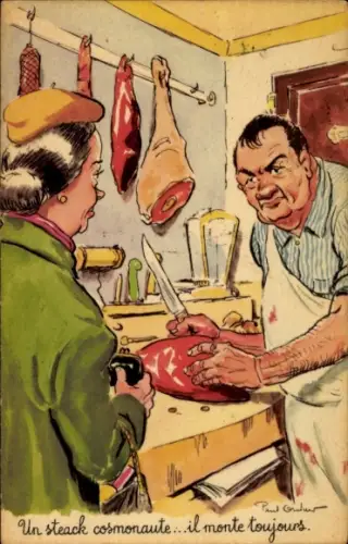 Künstler Ak Frau beim Fleischer, Fleisch, Messer, Handel