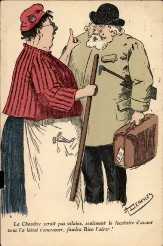 Künstler Ak Ehepaar, Gespräch, Mann mit Koffer