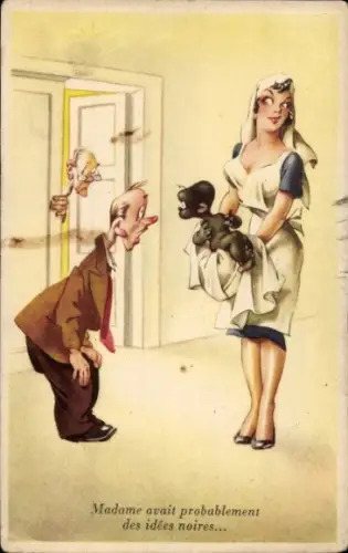 Ak Krankenschwester, Neugeborenes dunkelhäutiges Kind, überraschter Vater