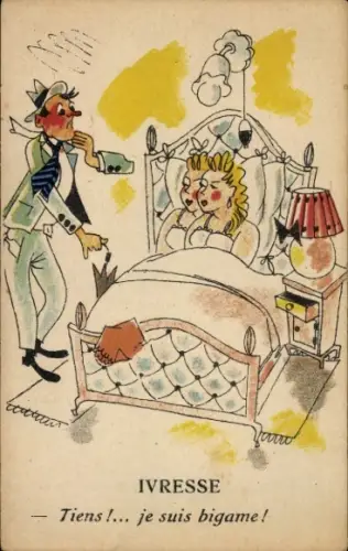 Ak Zwei junge Frauen im Bett, Erröteter Mann