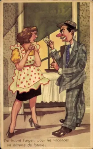 Künstler Ak J'ai trouvé l'argent pour les vacances un dixième de loterie, Humor