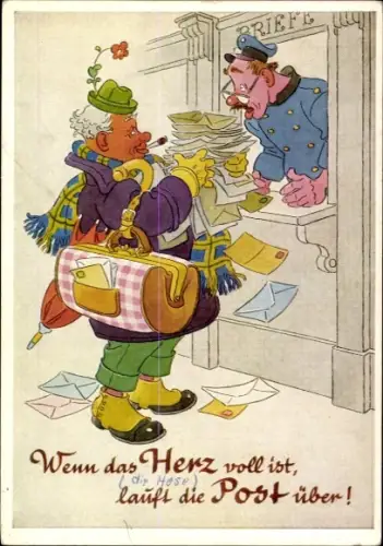 Ak Mann auf der Post, Wenn das Herz voll ist, läuft die Post über