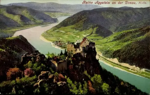 Ak Schönbühel Aggsbach in Niederösterreich, Burgruine Aggstein, Burgruine auf Felsen, mäandrieren