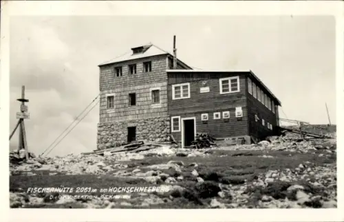 Ak Hochschneeberg Niederösterreich, Fischerhütte 2061 m, mehrstöckige Hütte, steinernes Untergesc