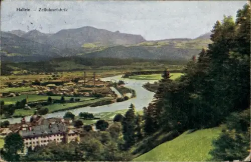 Ak Hallein in Salzburg, Fluss mit Mäander, Fabrikgebäude mit Schornsteinen, Tal mit Feldern, bewa