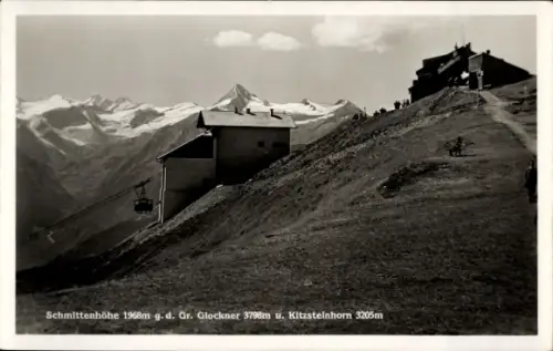Ak Zell am See in Salzburg, Schmittenhöhe, Seilbahngondel, Bergstation/Gebäude, Weg am Hang, Gras