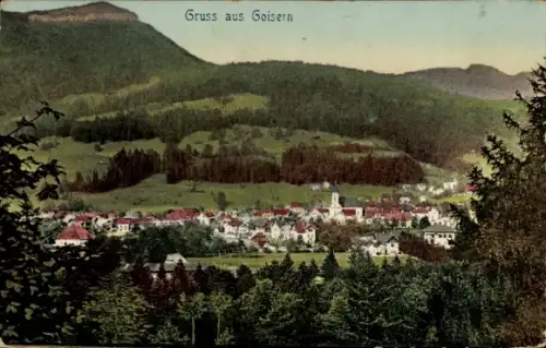 Ak Bad Goisern am Hallstättersee Oberösterreich, Dorfpanorama, Kirchturm, Häuser, Wiesen, Wälder,