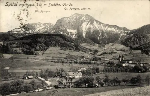 Ak Spital am Pyhrn in Oberösterreich, Bergpanorama, schneebedeckte Gipfel, bewaldete Hänge, Tal m
