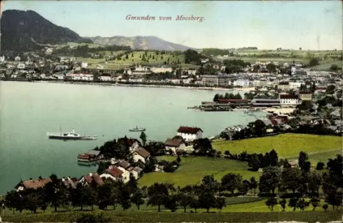Ak Gmunden am Traunsee Salzkammergut Oberösterreich, See, Ufer mit Gebäuden, Anlegestelle, Schiff