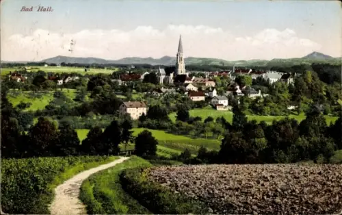 Ak Bad Hall Oberösterreich, Dorfpanorama mit Kirchturm, Felder/Acker, gewundener Feldweg, Bäume, 